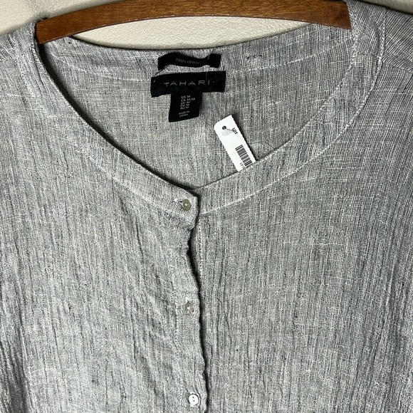 TAHARI 100% Linen Gray Gauzy Button Down Top Size Medium - Picture 14 of 16